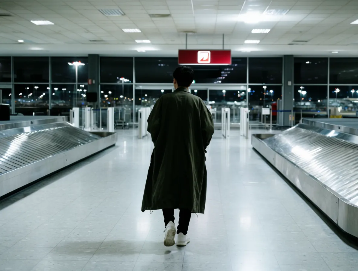 Lone traveler walking through an airport baggage claim at night