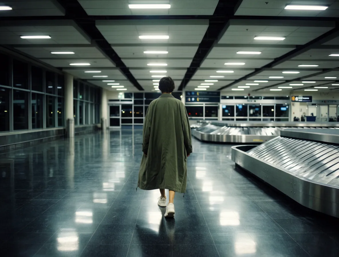 Lone traveler walking through an empty airport terminal at night