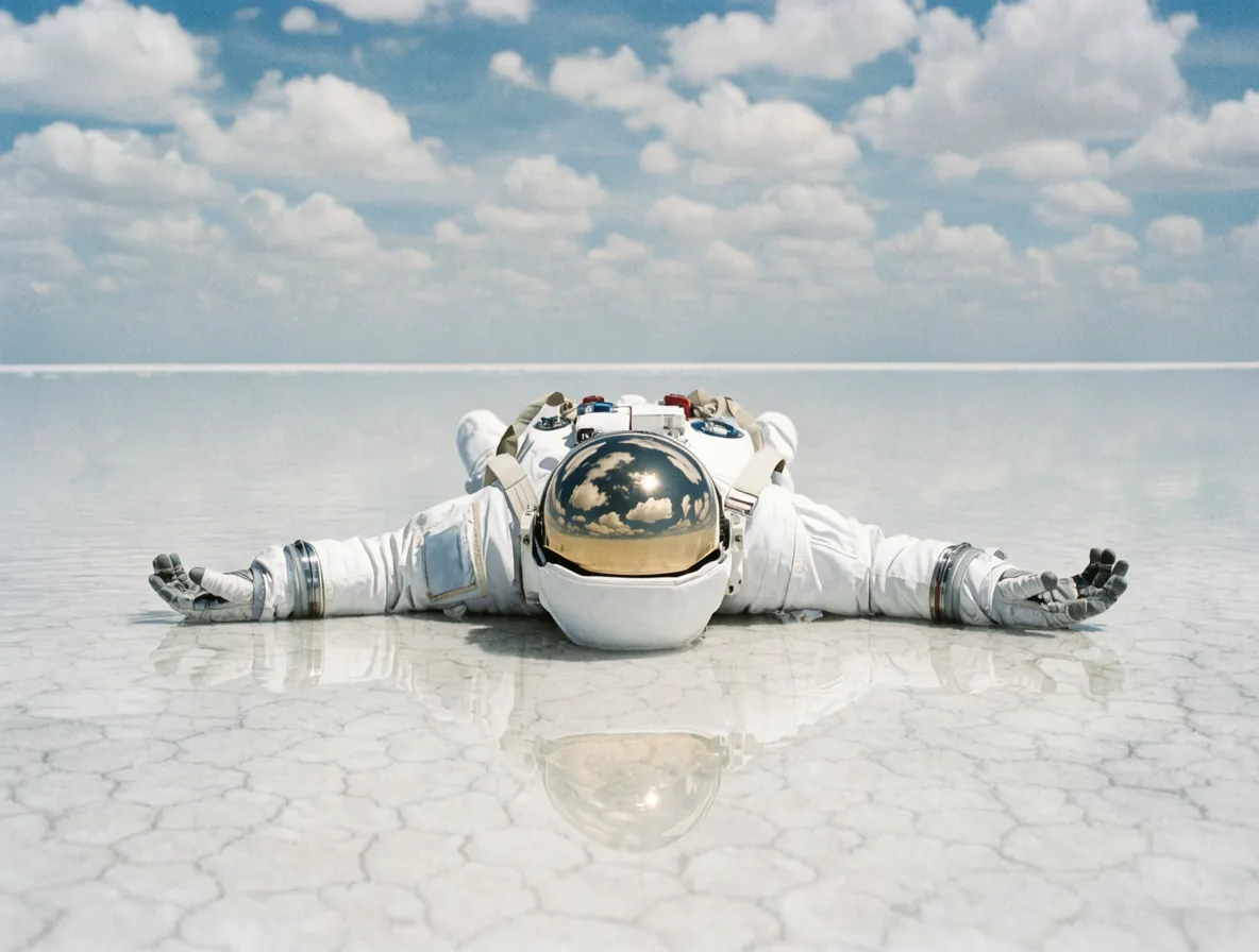 Astronaut lying on a reflective salt flat beneath a cloudy sky