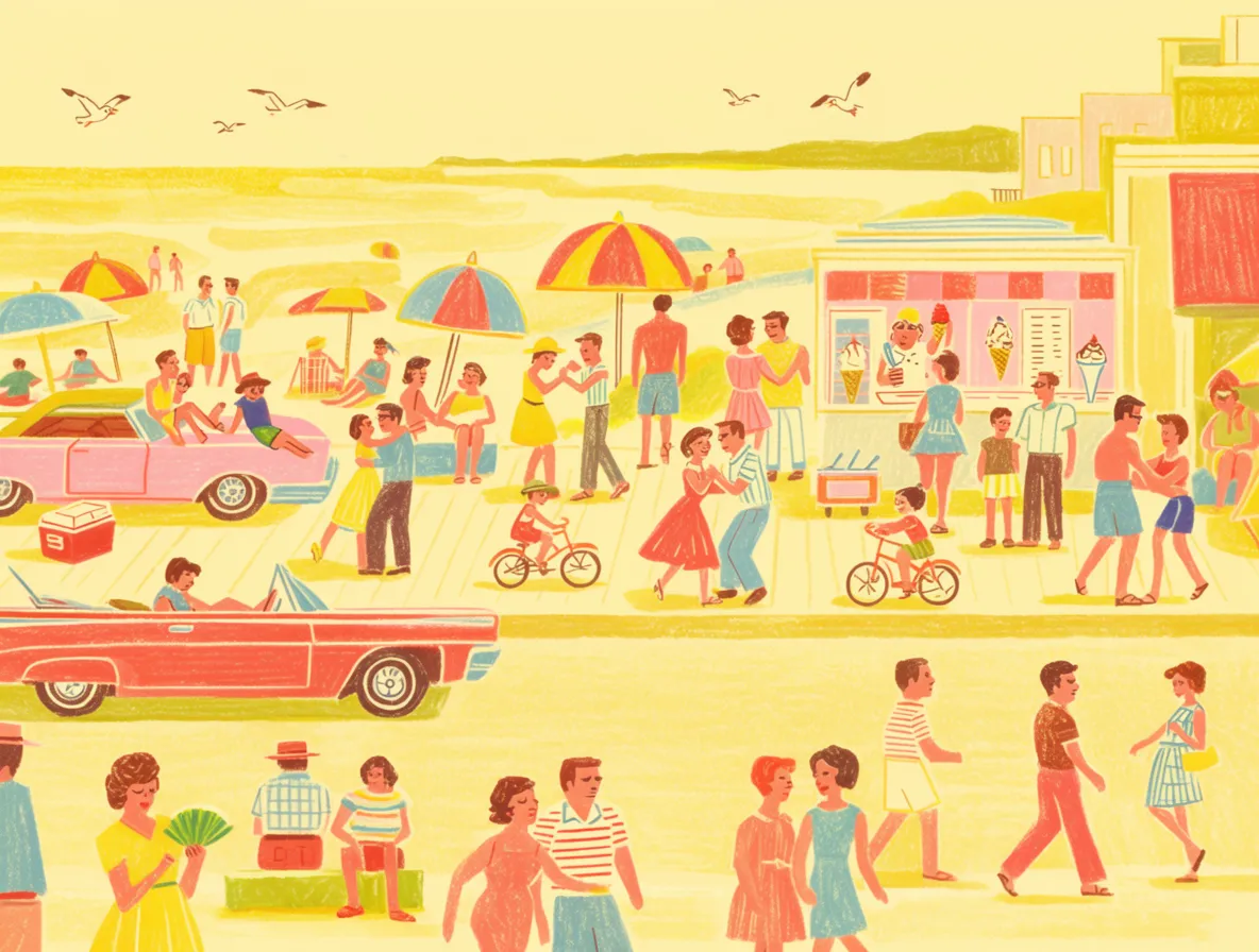 Mid-century illustrated beach boardwalk with cars, umbrellas, and dancers