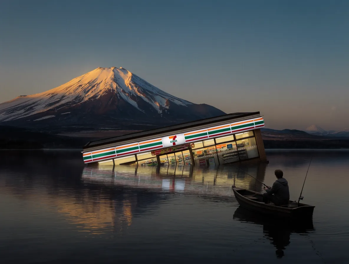 Convenience store floating in a lake beneath Mount Fuji