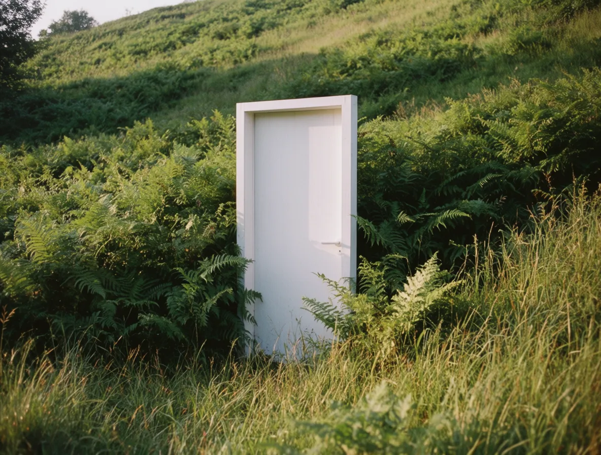 Close view of a white door surrounded by ferns and tall grass