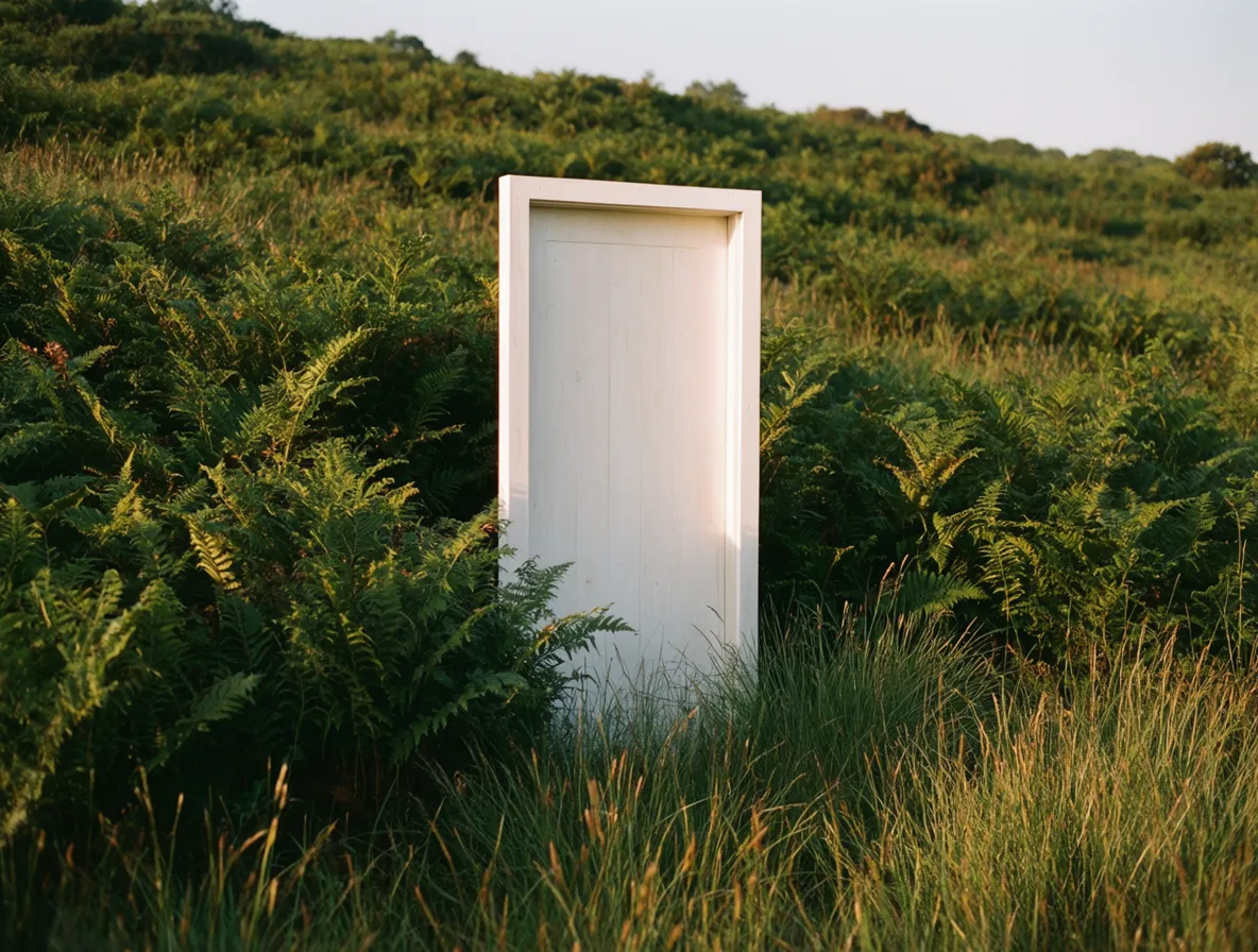 White door standing alone in a field of ferns