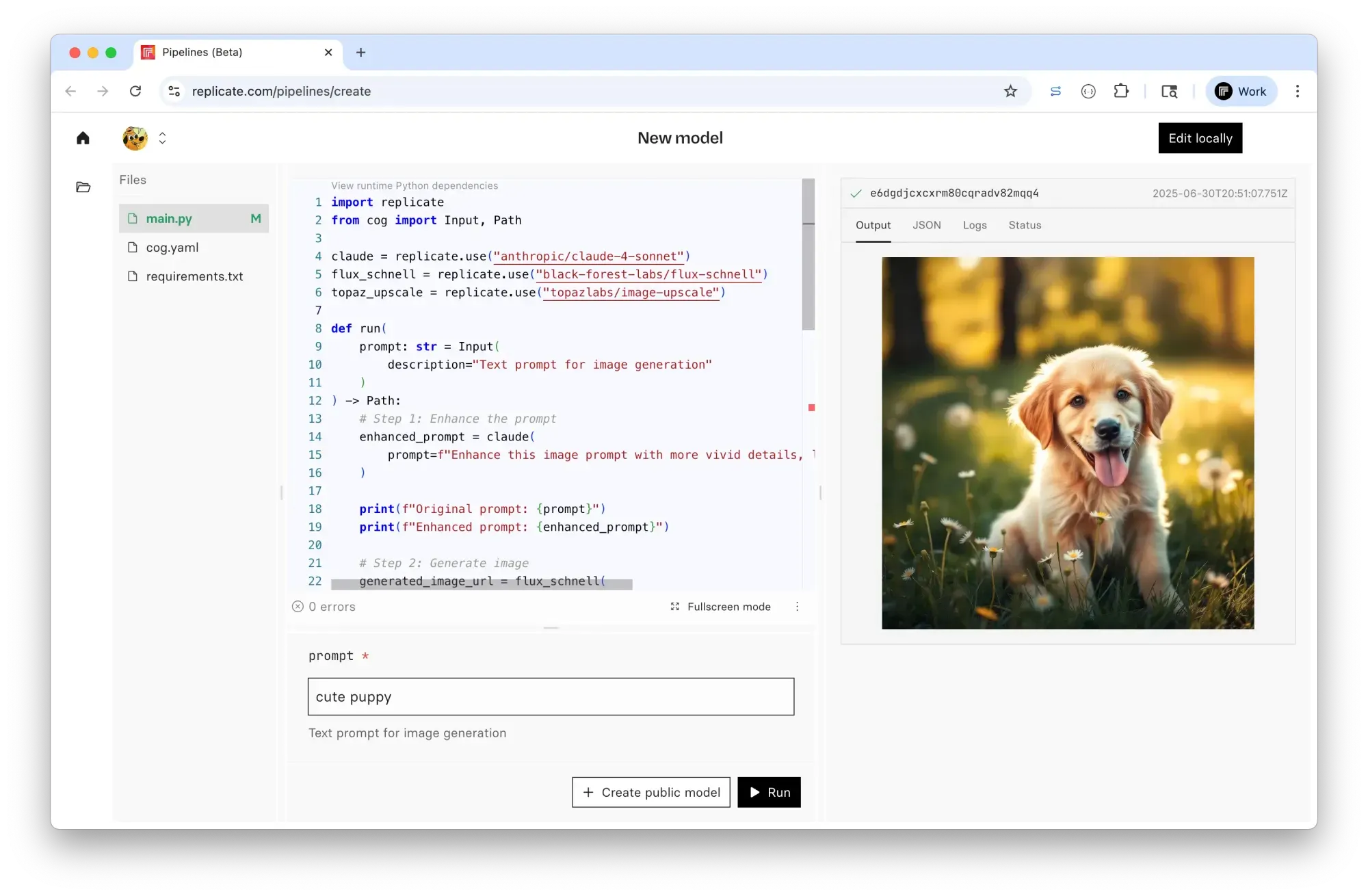 Screenshot of the Replicate model editor interface with the output of the pipeline model