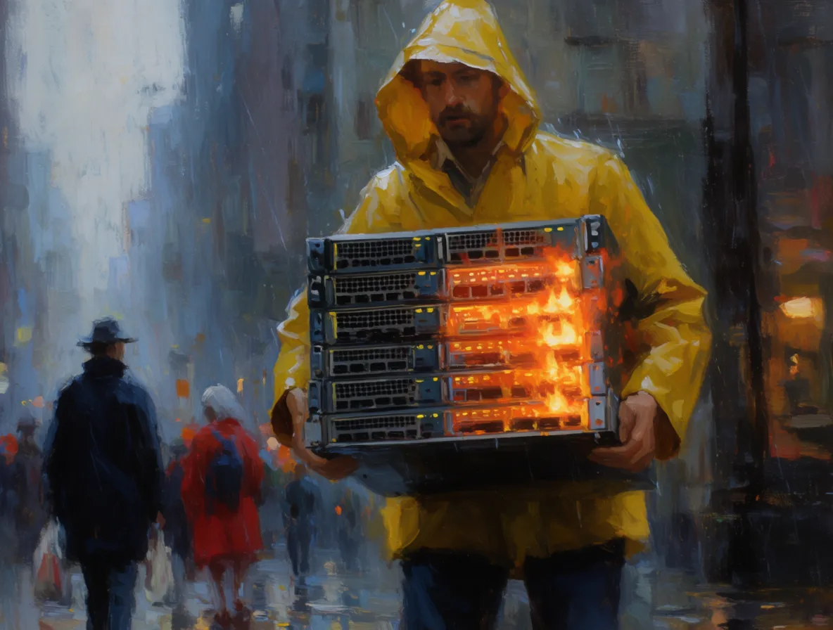 Painterly portrait of a person carrying a glowing server rack in the rain