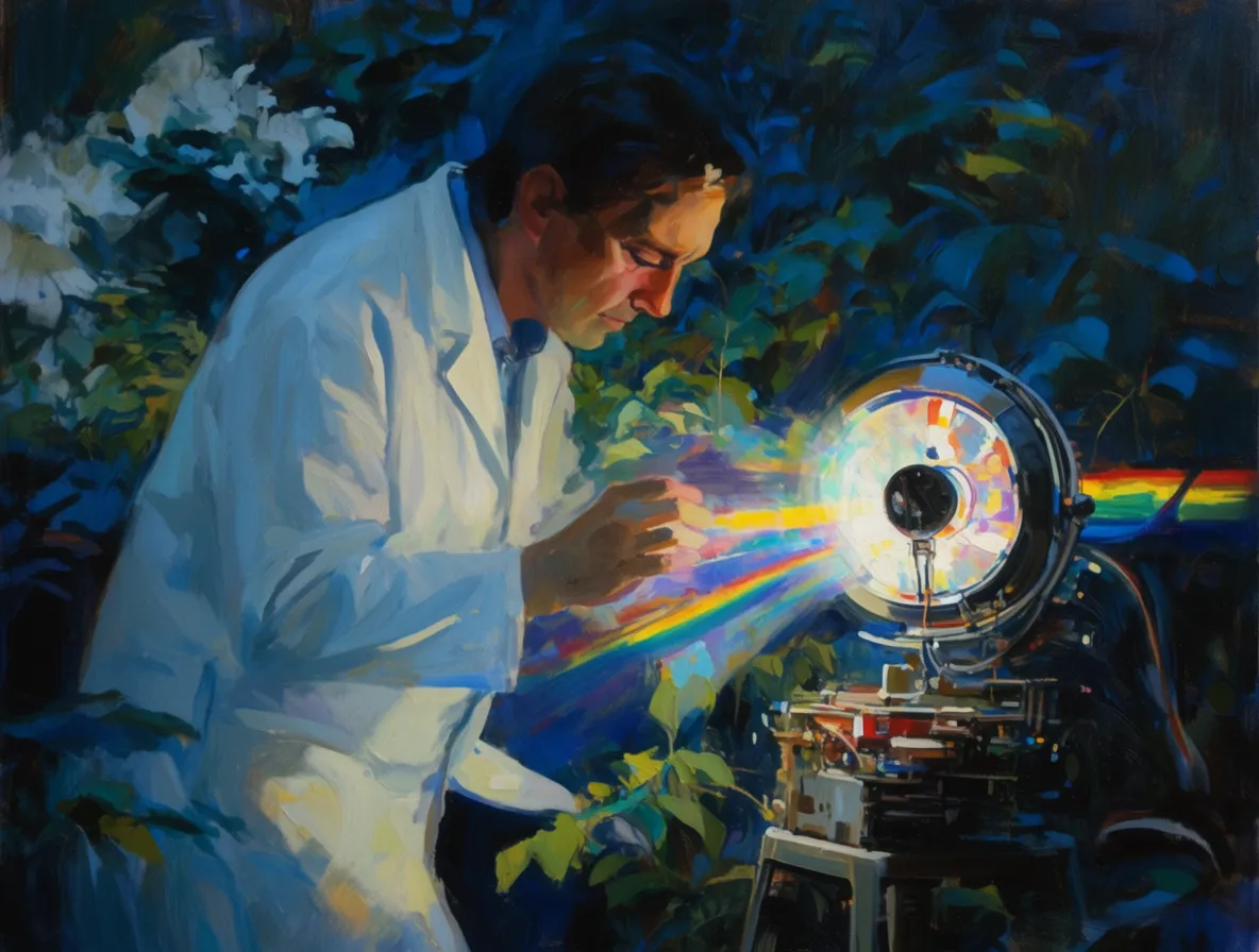 Painterly portrait of a scientist working with a rainbow projector