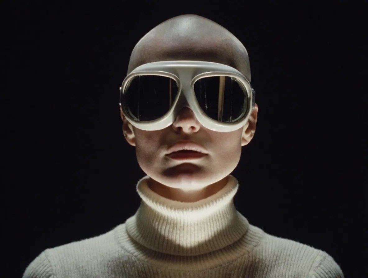 Editorial portrait of a person wearing tinted oversized goggles