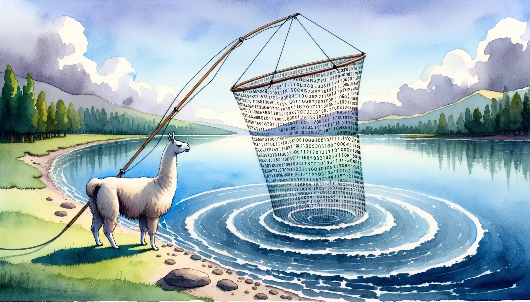 DALL·E 3 generated image of a llama fishing for data. Someone's gotta retrieve the data.