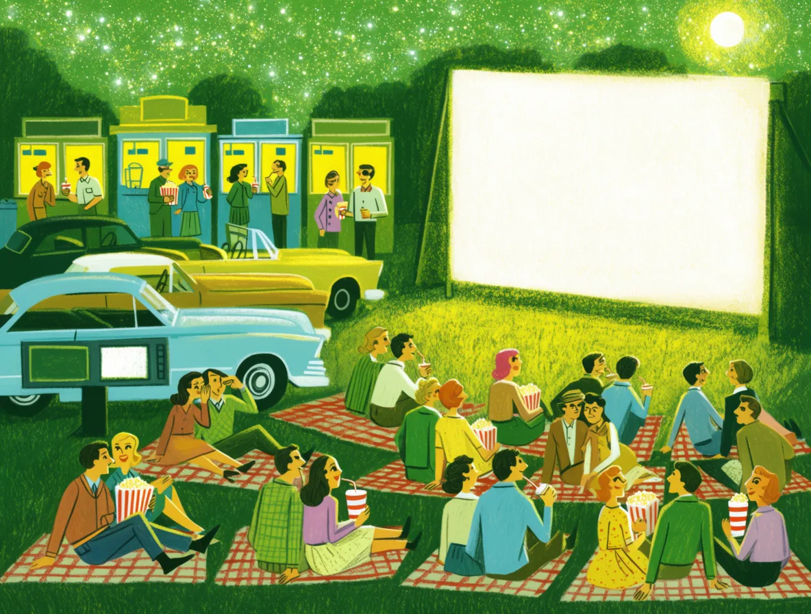 Mid-century outdoor cinema with vintage cars and moviegoers