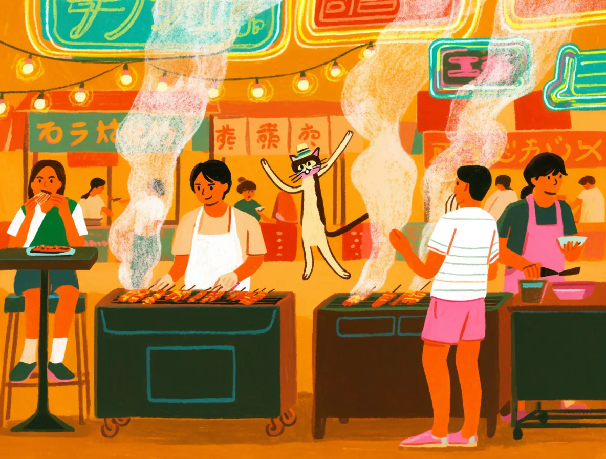 Bright illustrated Japanese street-food market with steaming grills
