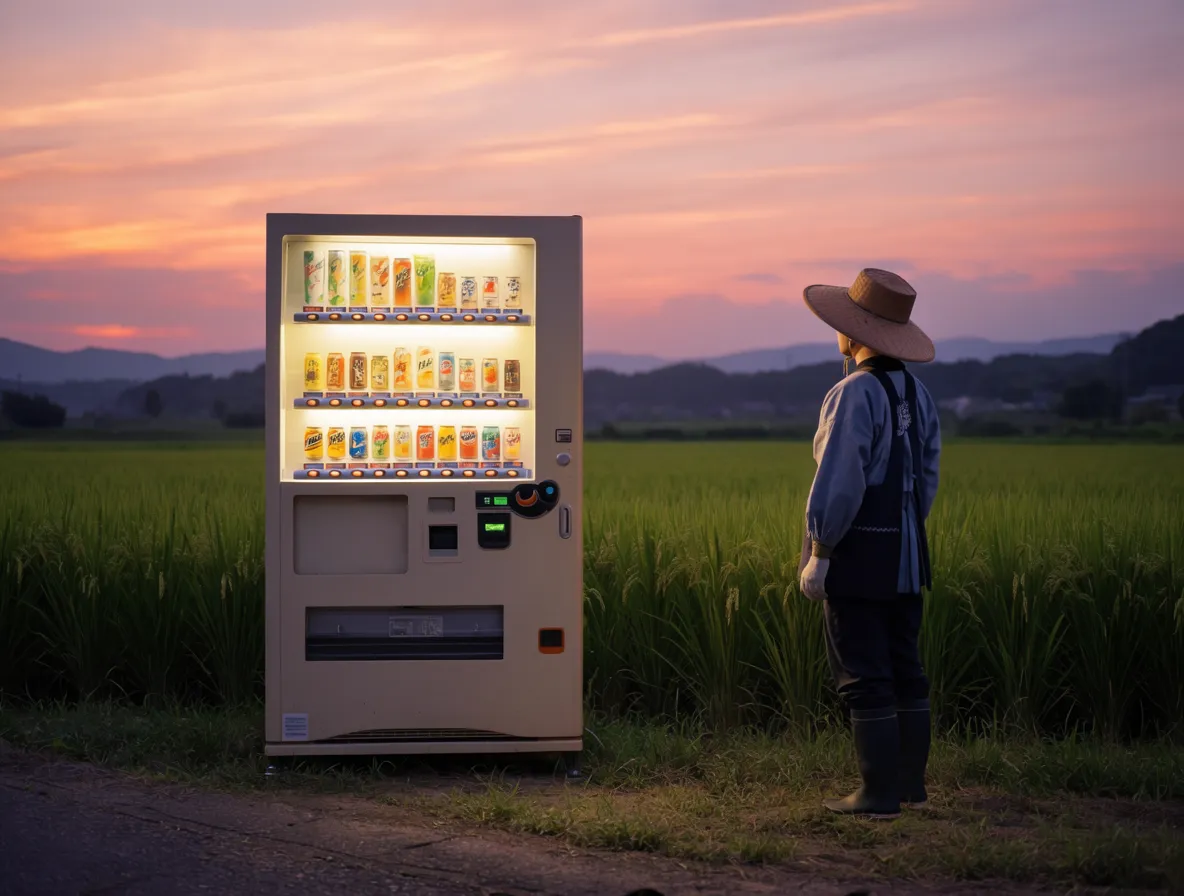Lit vending machine and a farmer in a rice field at dusk
