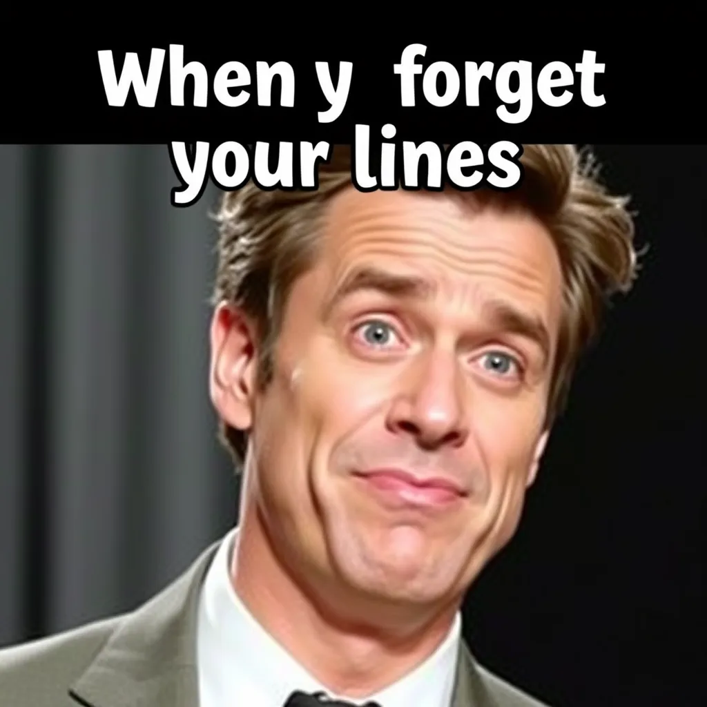 A meme of a man who looks like an actor making a funny face with the text 'When y forget your lines' [sic] in a quirky font