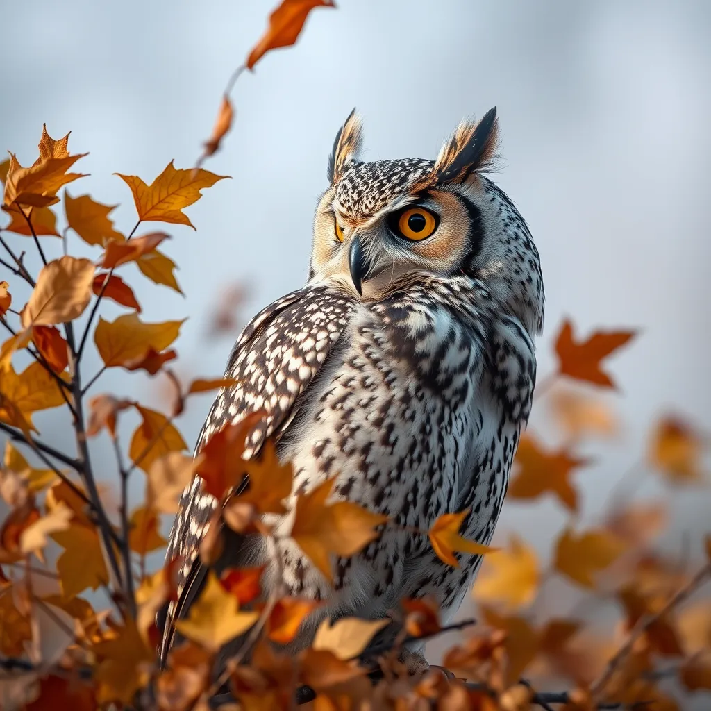 A photograph-like image of an owl looking away to the right of the frame, sitting on a branch with orange autumn leaves. Some leaves are flying away in the wind.