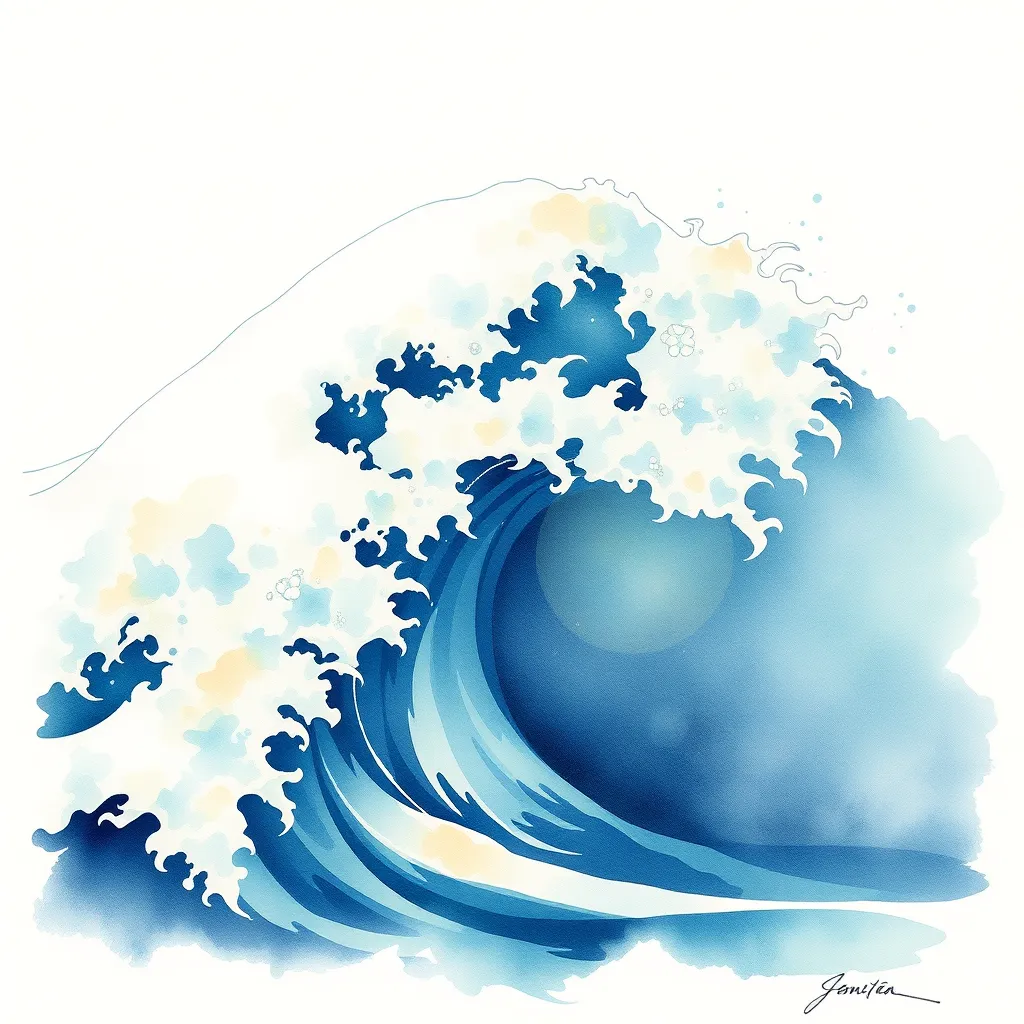 A stylized blue wave cresting, with a white background, inspired by Katsushika Hokusai's painting Great Wave off Kanagawa.