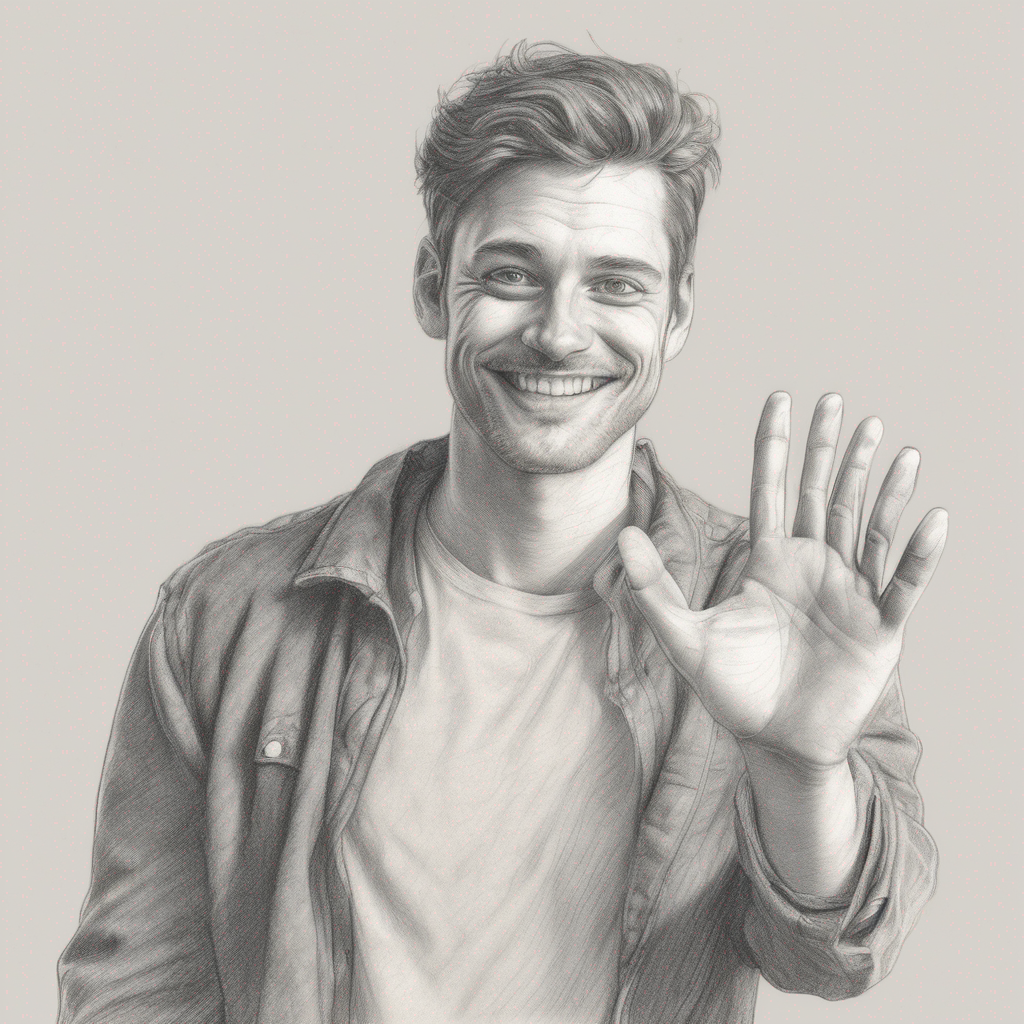 illustration of a man, waving at the camera, pencil drawing, SDXL 1.0