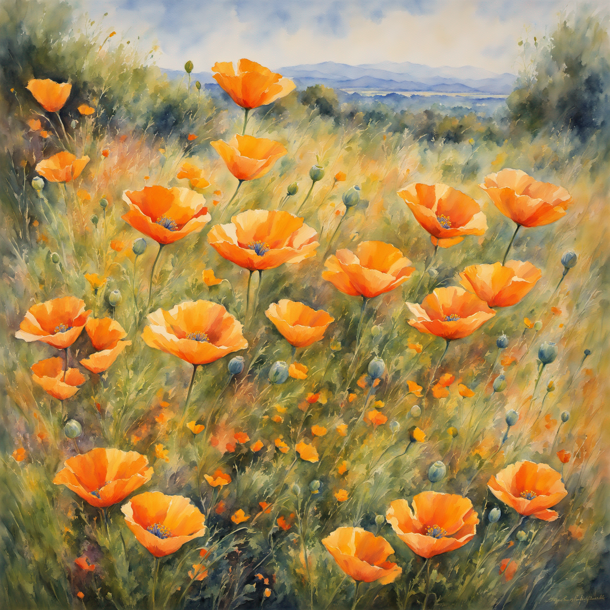 a stunning watercolor painting on canvas of california poppy flowers ...