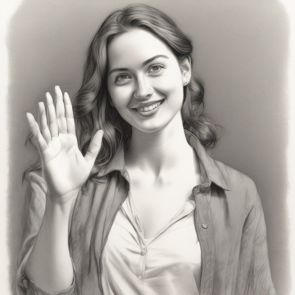 illustration of a woman, waving at the camera, pencil drawing, SDXL 1.0