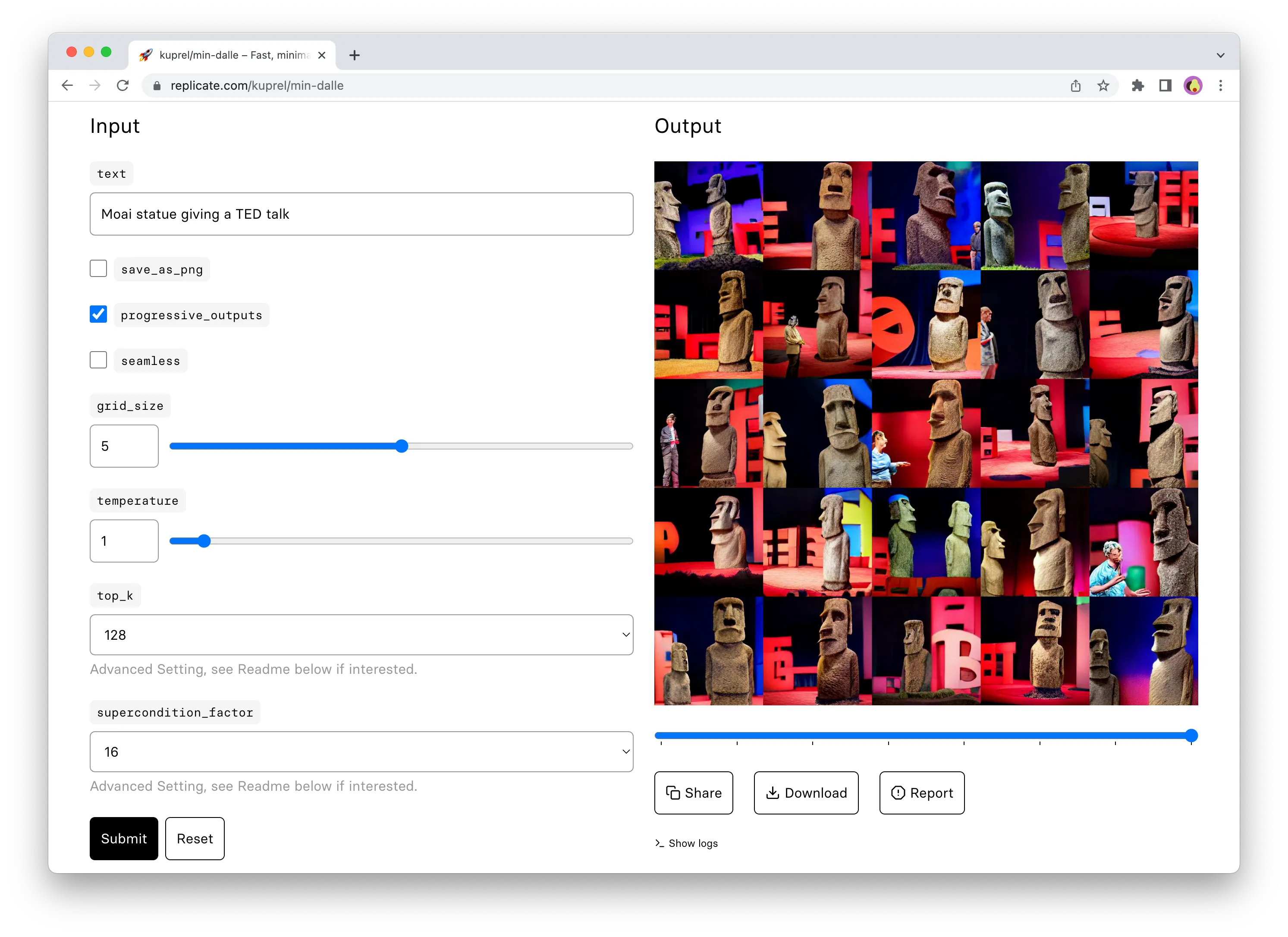 Replicate's web playground UI for running models in the browser