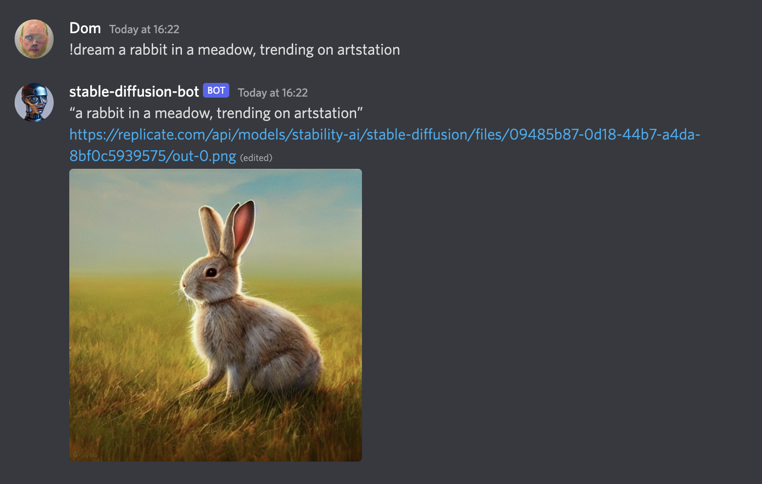 a screenshot of the stable-diffusion-bot generating a cute rabbit in Discord