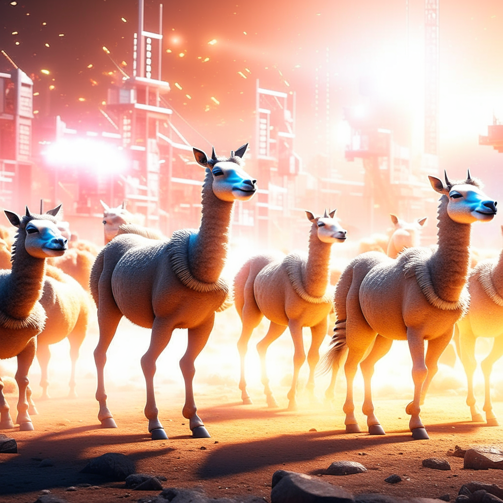 A stampede of futuristic llamas