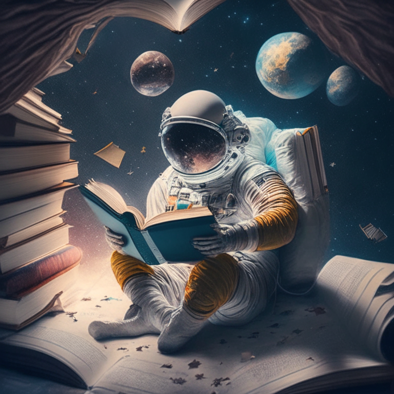 an astronaut reading a book in outer space, surrounded by books