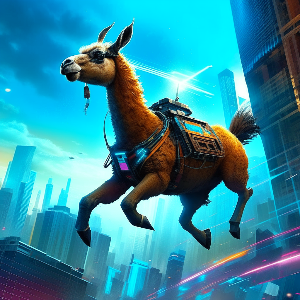 Cyberpunk llama soaring through the air