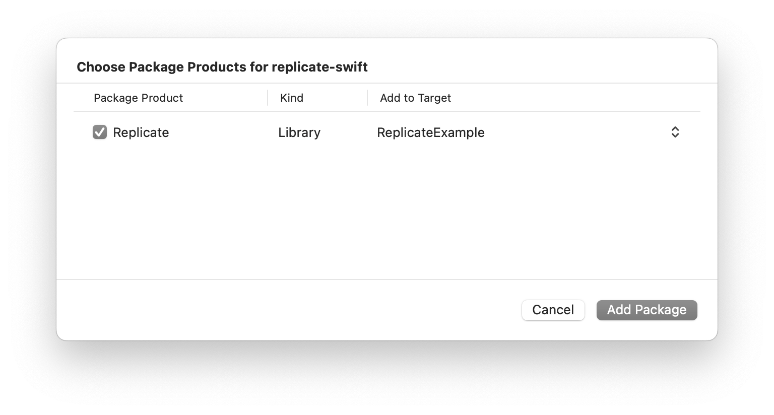 Choose Package Products for replicate-swift